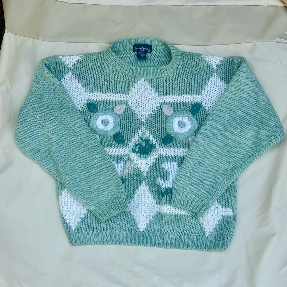 Vtg Hunter’s Run Green White Crew Neck Sweater Women M Chunky Knit Grandma 3D
